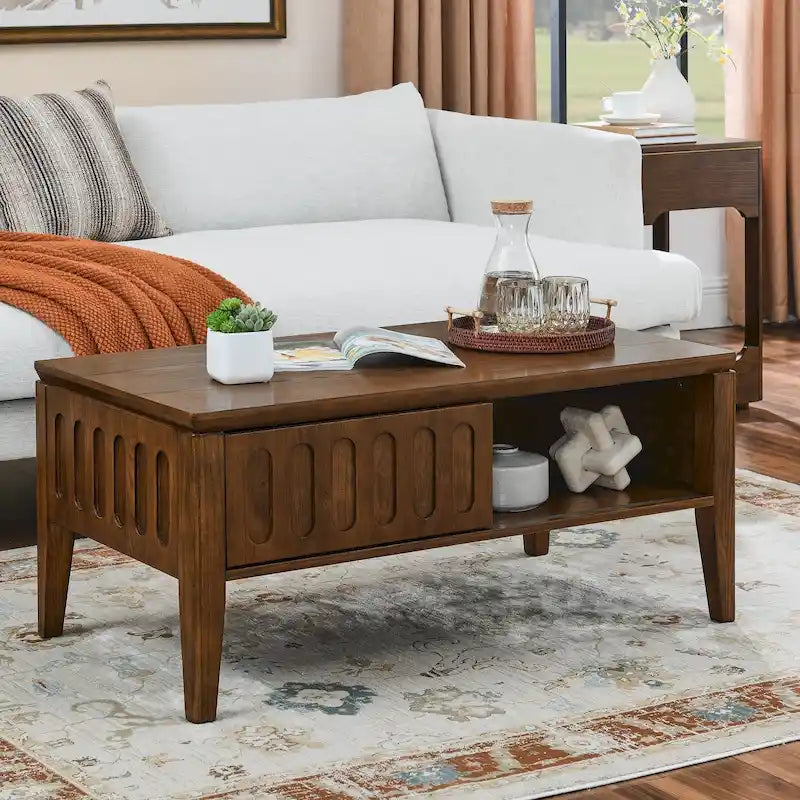Table basse cannelée Mid-century moderne avec porte coulissante de rangement et pieds en bois massif, table basse en bois de style ferme vintage