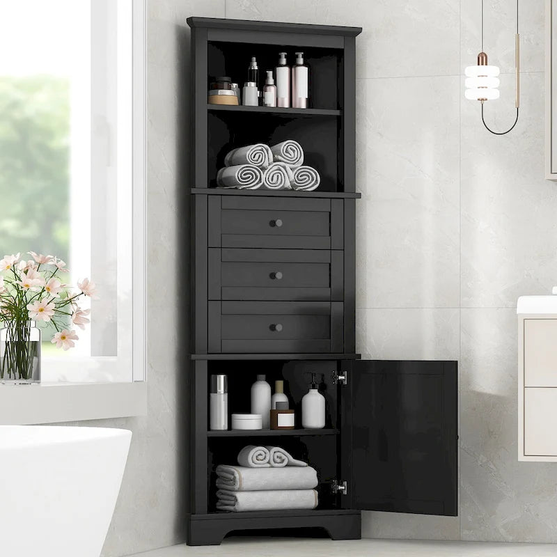 Meuble Haut Triangle Noir avec 3 Tiroirs et Étagères Réglables pour Salle de Bain, Cuisine ou Salon