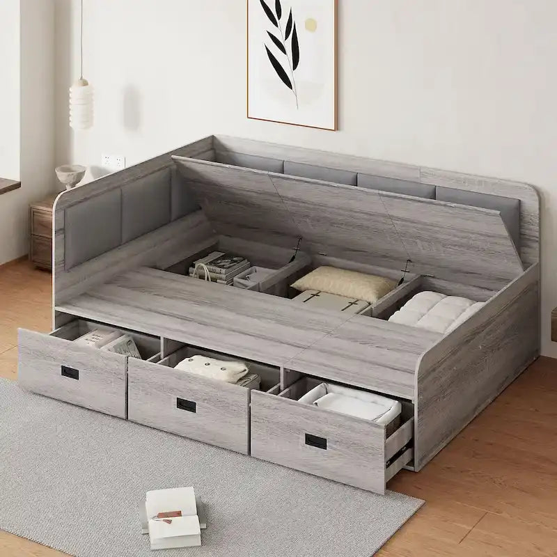 Cadre de lit de repos en bois avec rangements, en forme de L, avec 3 tiroirs de rangement et 3 compartiments de rangement intégrés