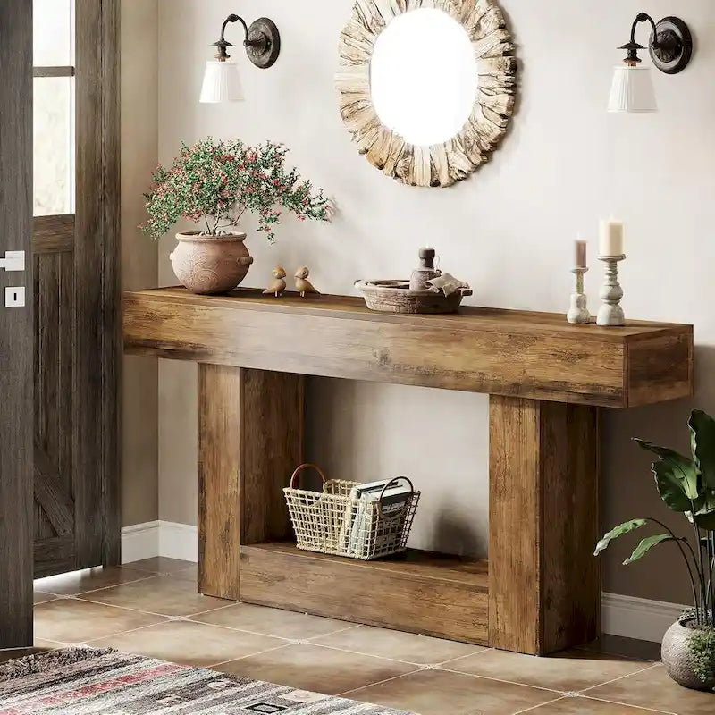 Table d'entrée de style ferme à 2 niveaux, Table console de 160 cm, Table basse étroite derrière canapé