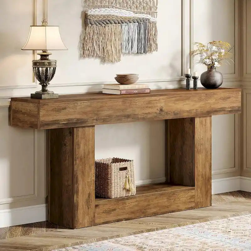 Table d'entrée de style ferme à 2 niveaux, Table console de 160 cm, Table basse étroite derrière canapé