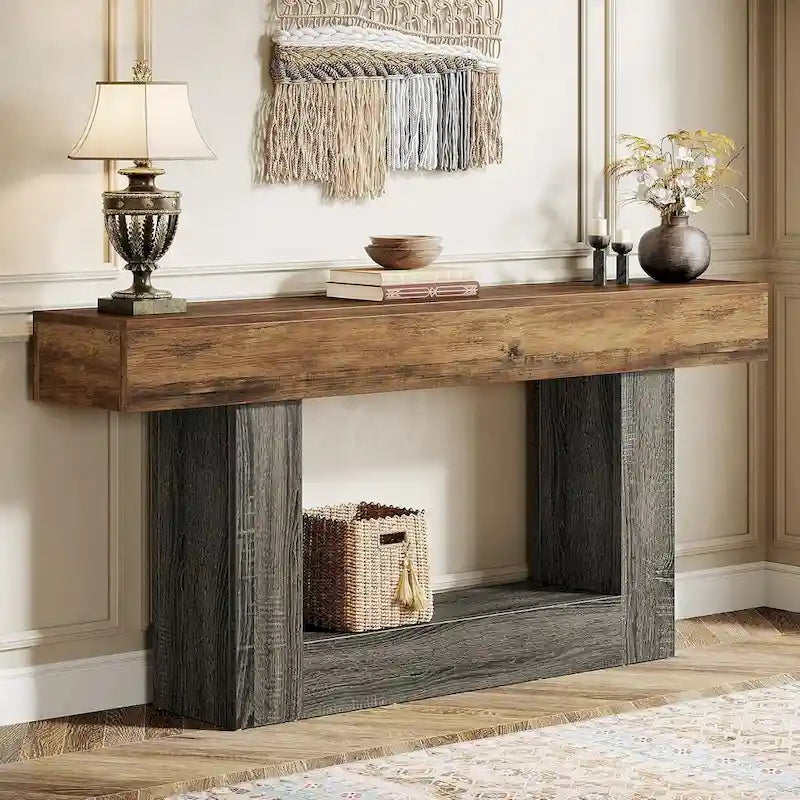 Table d'entrée de style ferme à 2 niveaux, Table console de 160 cm, Table basse étroite derrière canapé