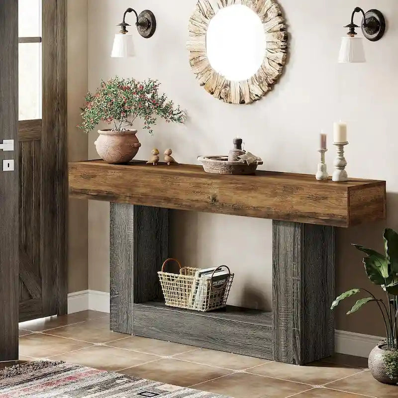 Table d'entrée de style ferme à 2 niveaux, Table console de 160 cm, Table basse étroite derrière canapé