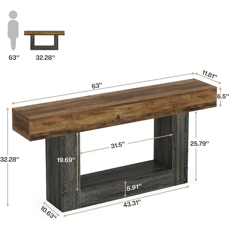 Table d'entrée de style ferme à 2 niveaux, Table console de 160 cm, Table basse étroite derrière canapé