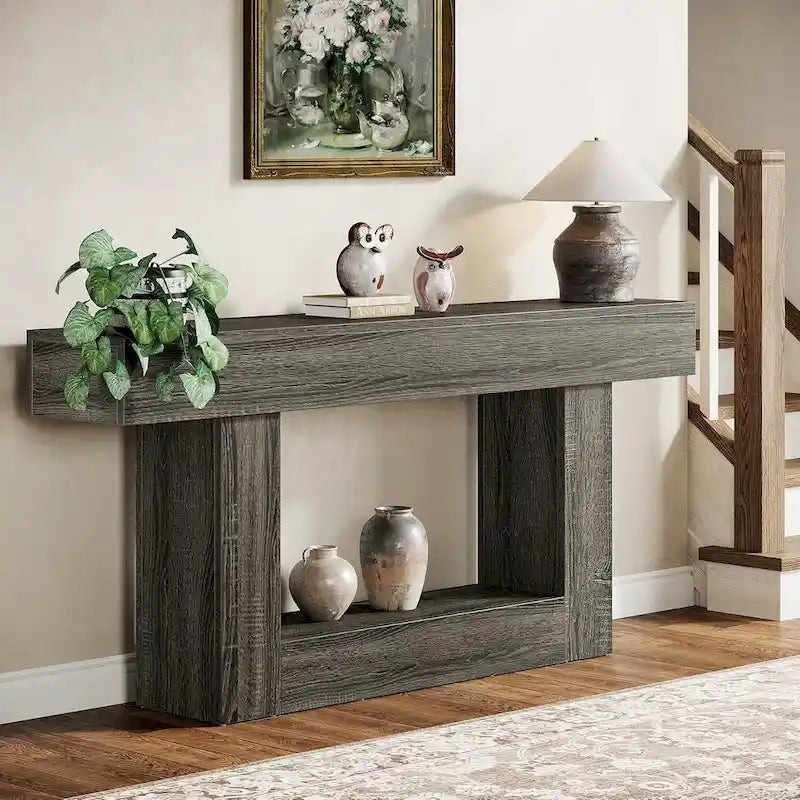 Table d'entrée de style ferme à 2 niveaux, Table console de 160 cm, Table basse étroite derrière canapé
