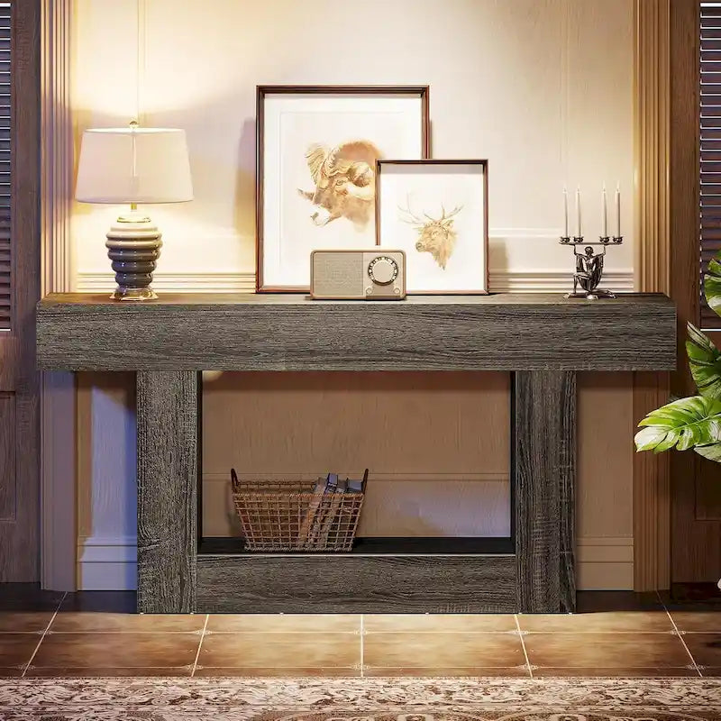 Table d'entrée de style ferme à 2 niveaux, Table console de 160 cm, Table basse étroite derrière canapé