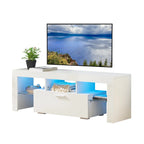 Meuble TV blanc de 130 cm avec lumières LED et étagère en verre trempé pour téléviseurs jusqu'à 55 pouces