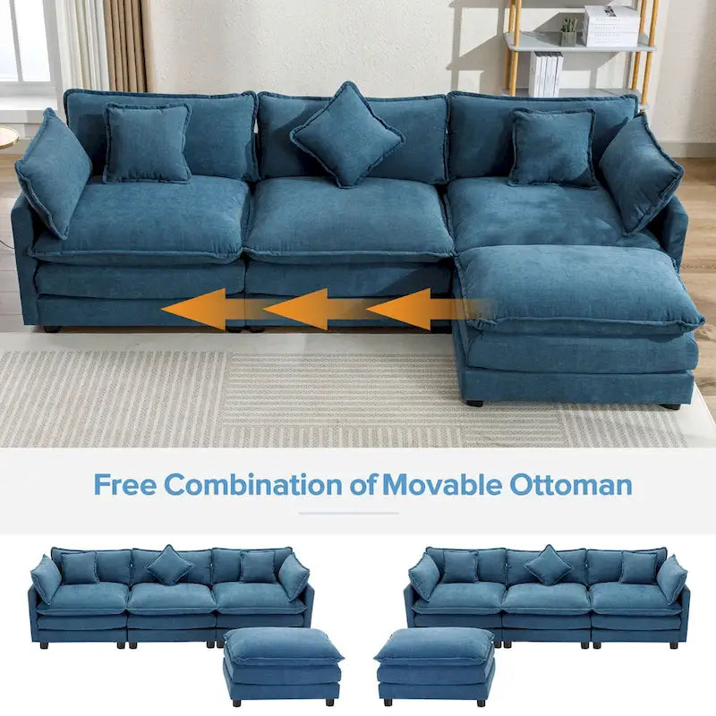 Canapé d'angle moderne 4 places 112,2 bleu avec pouf amovible