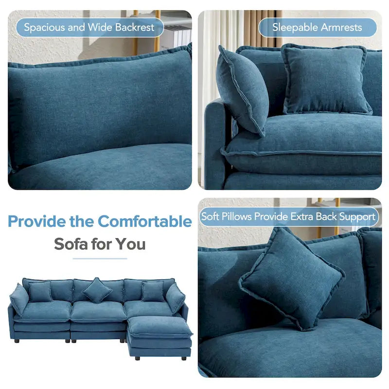 Canapé d'angle moderne 4 places 112,2 bleu avec pouf amovible