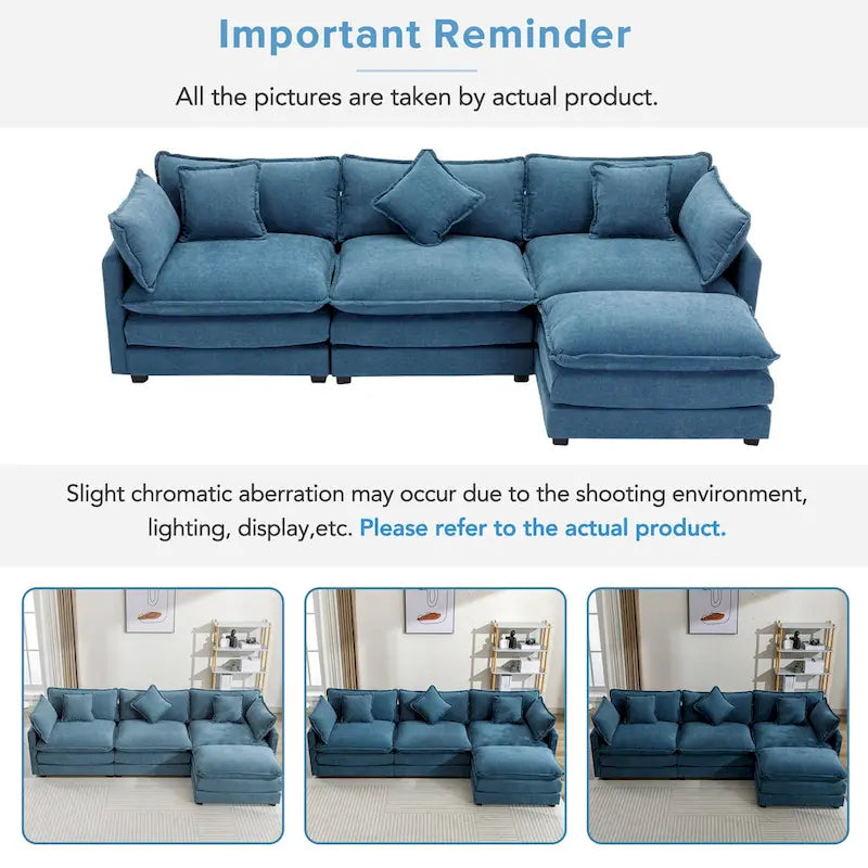 Canapé d'angle moderne 4 places 112,2 bleu avec pouf amovible