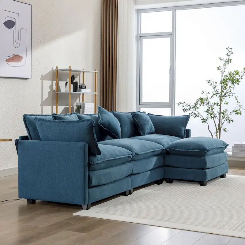 Canapé d'angle moderne 4 places 112,2 bleu avec pouf amovible