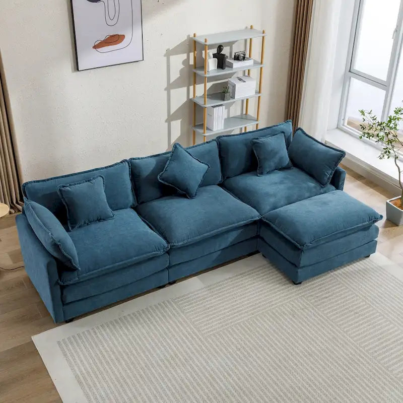 Canapé d'angle moderne 4 places 112,2 bleu avec pouf amovible