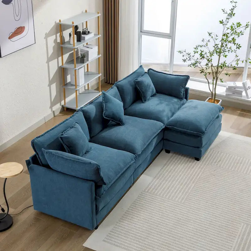 Canapé d'angle moderne 4 places 112,2 bleu avec pouf amovible