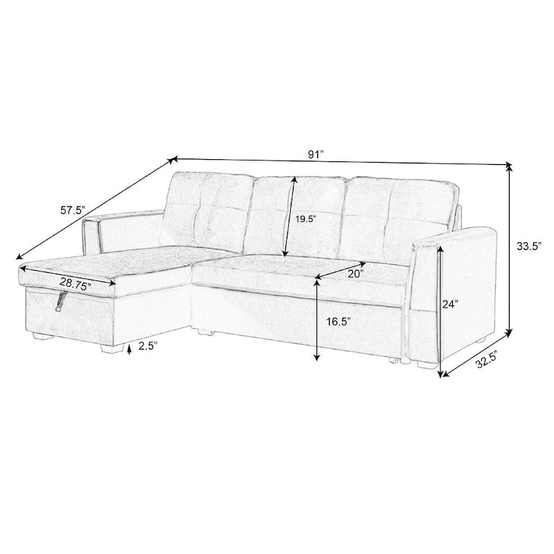 Canapé d'angle réversible convertible en velours de 91 po avec rangement