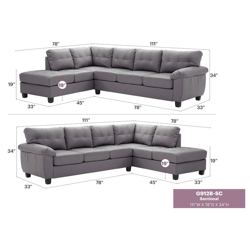 Canapé d'angle en simili-cuir 2 pièces Gallant 111 po de large - 78L x 111l x 32H