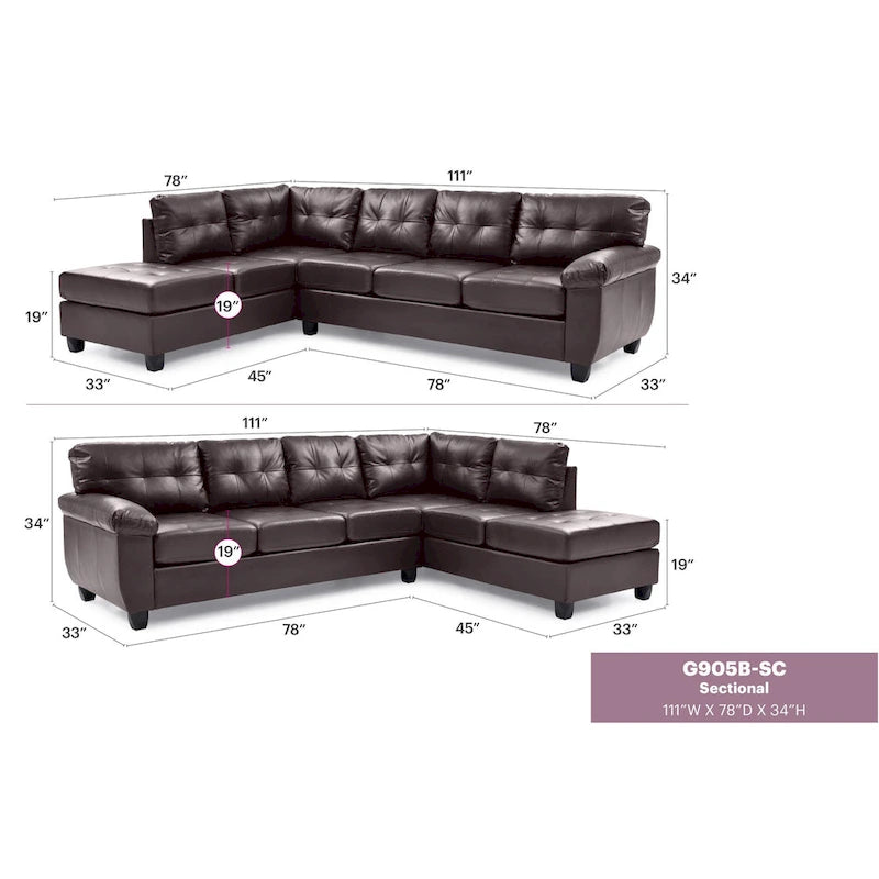 Canapé d'angle en simili-cuir 2 pièces Gallant 111 po de large - 78L x 111l x 32H