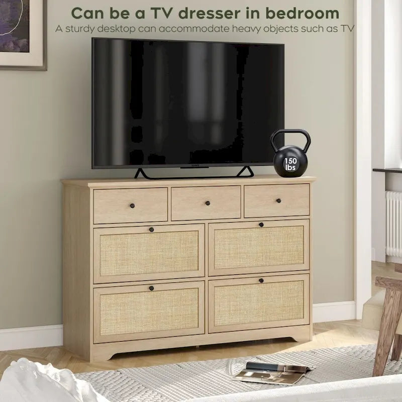 Commode bohème en rotin naturel à 7 tiroirs