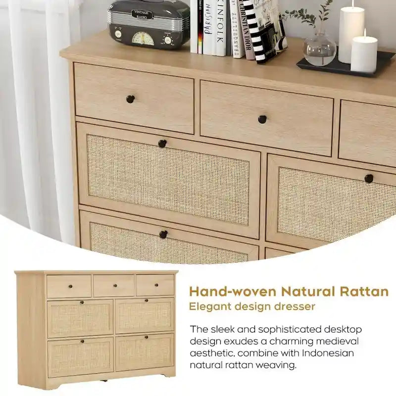 Commode bohème en rotin naturel à 7 tiroirs