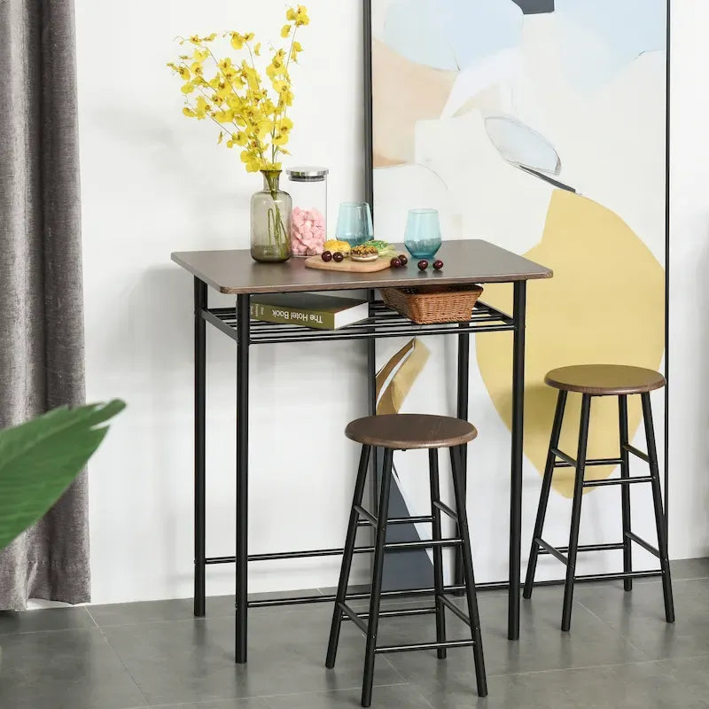 Ensemble de mobilier de salle à manger HOMCOM 3 pièces, hauteur de bar, avec 1 table, 2 tabourets assortis et repose-pieds à cadre métallique
