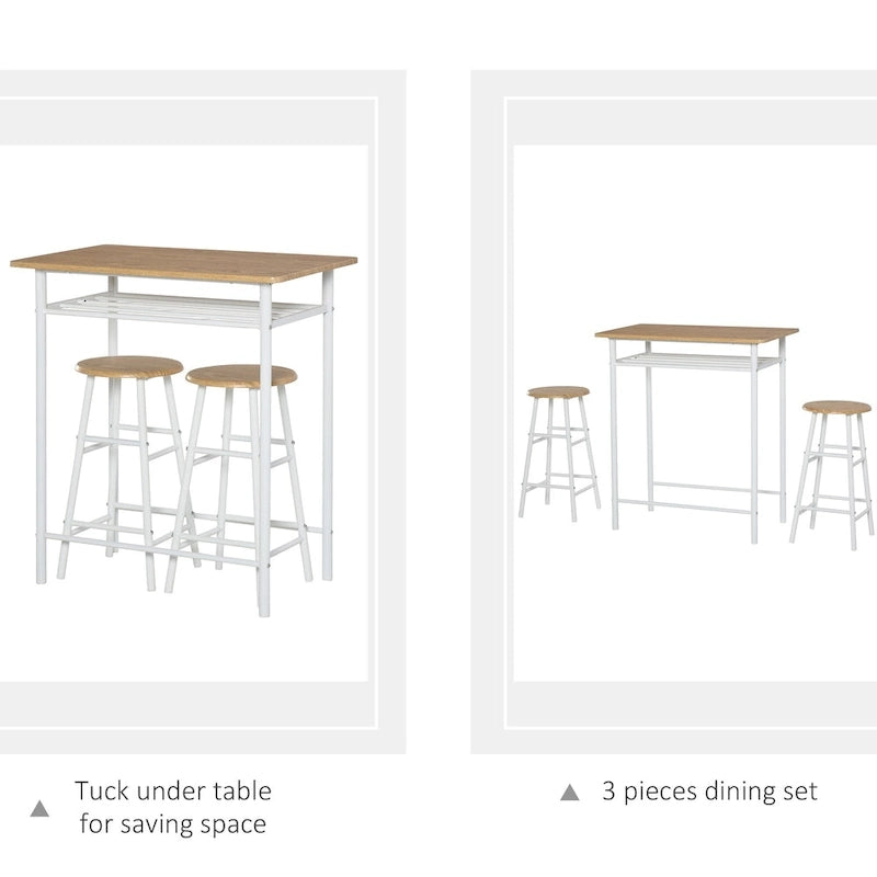 Ensemble de mobilier de salle à manger HOMCOM 3 pièces, hauteur de bar, avec 1 table, 2 tabourets assortis et repose-pieds à cadre métallique