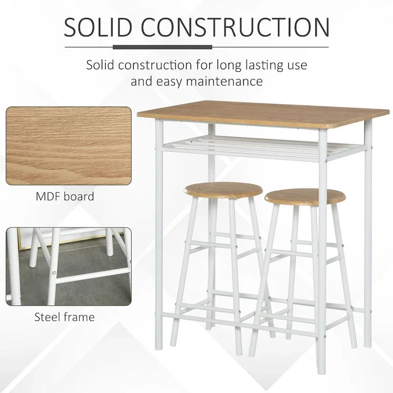 Ensemble de mobilier de salle à manger HOMCOM 3 pièces, hauteur de bar, avec 1 table, 2 tabourets assortis et repose-pieds à cadre métallique