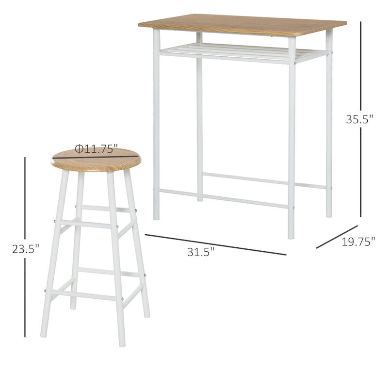 Ensemble de mobilier de salle à manger HOMCOM 3 pièces, hauteur de bar, avec 1 table, 2 tabourets assortis et repose-pieds à cadre métallique