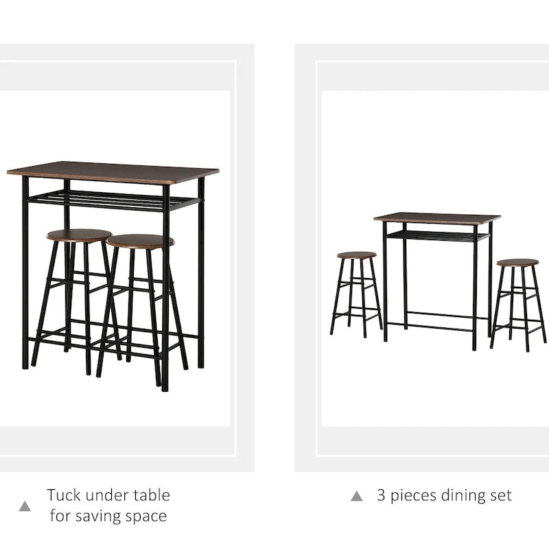Ensemble de mobilier de salle à manger HOMCOM 3 pièces, hauteur de bar, avec 1 table, 2 tabourets assortis et repose-pieds à cadre métallique