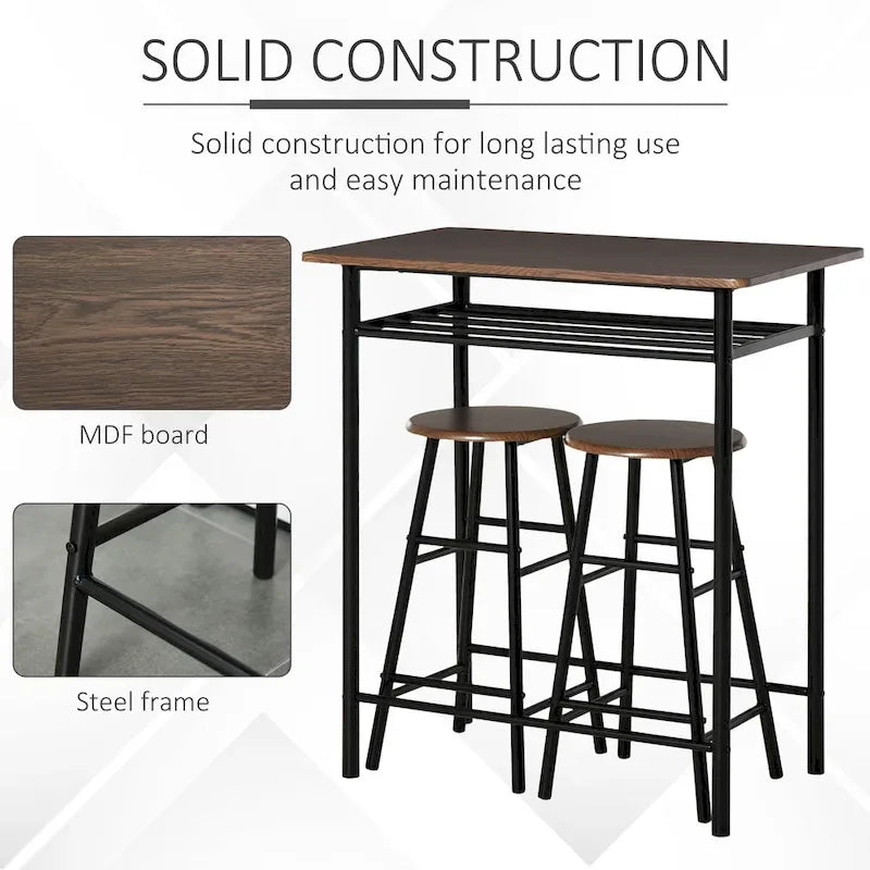 Ensemble de mobilier de salle à manger HOMCOM 3 pièces, hauteur de bar, avec 1 table, 2 tabourets assortis et repose-pieds à cadre métallique