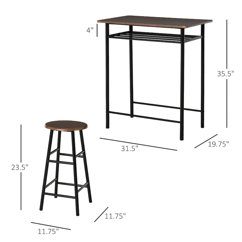 Ensemble de mobilier de salle à manger HOMCOM 3 pièces, hauteur de bar, avec 1 table, 2 tabourets assortis et repose-pieds à cadre métallique