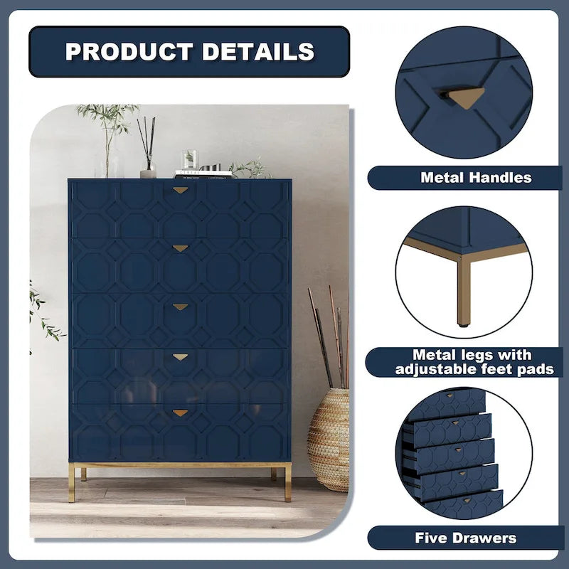Clihome Commode de rangement en bois à 5 tiroirs