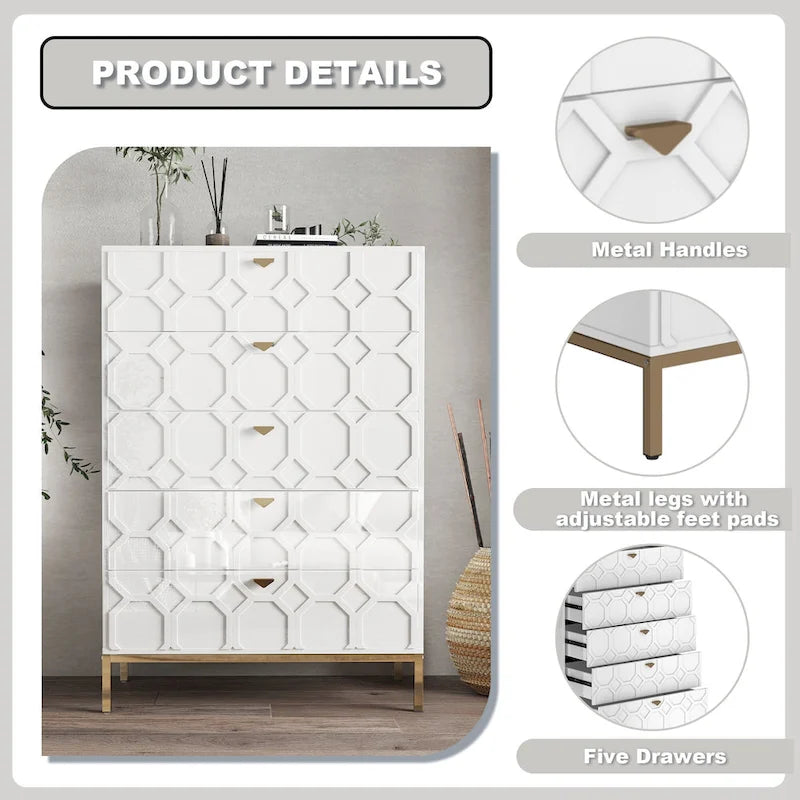 Clihome Commode de rangement en bois à 5 tiroirs