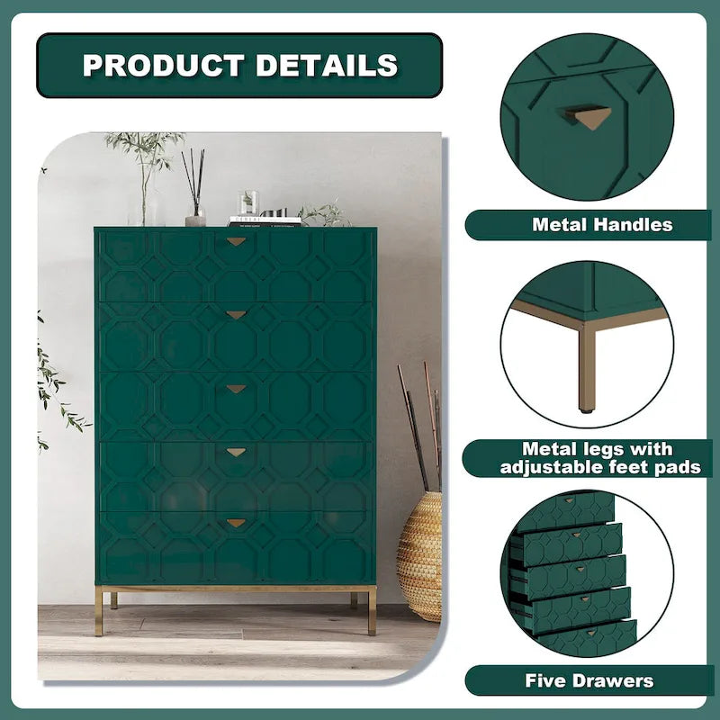 Clihome Commode de rangement en bois à 5 tiroirs