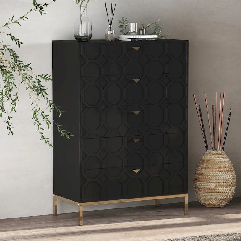 Clihome Commode de rangement en bois à 5 tiroirs