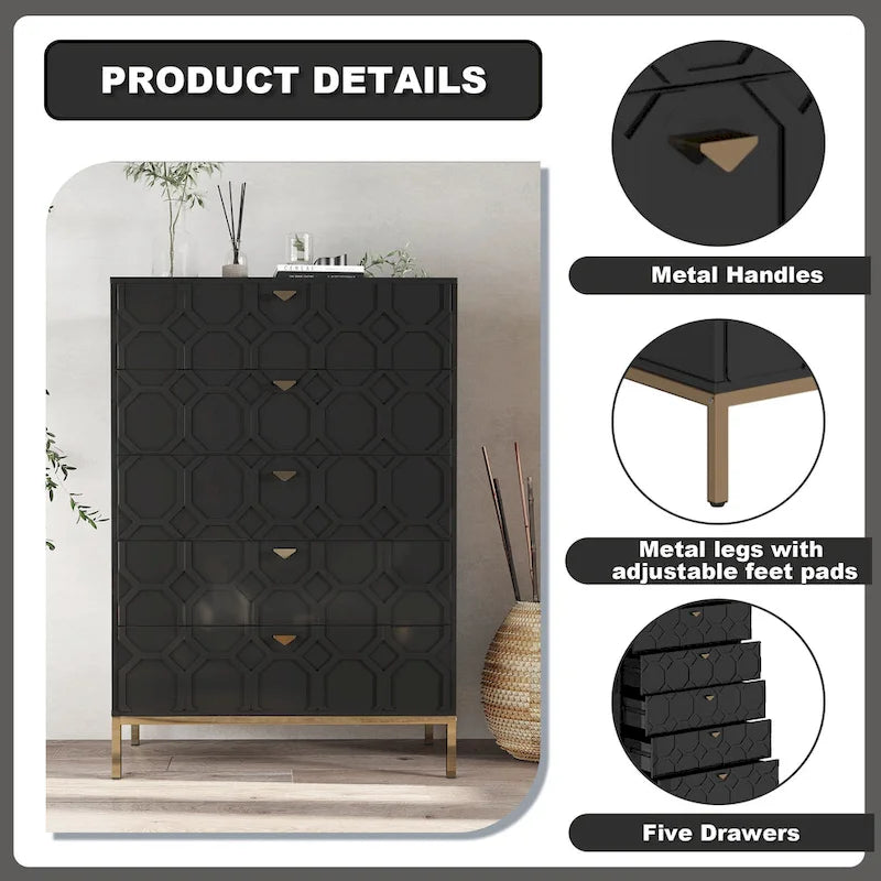 Clihome Commode de rangement en bois à 5 tiroirs