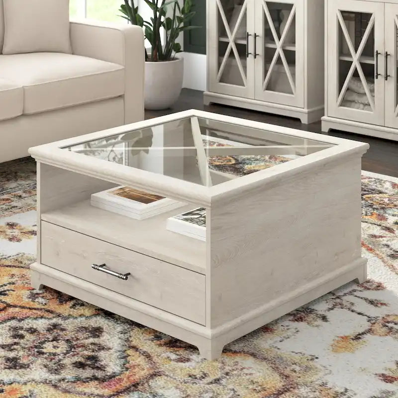 Table basse en verre de style ferme Lennox avec rangement par Bush Furniture