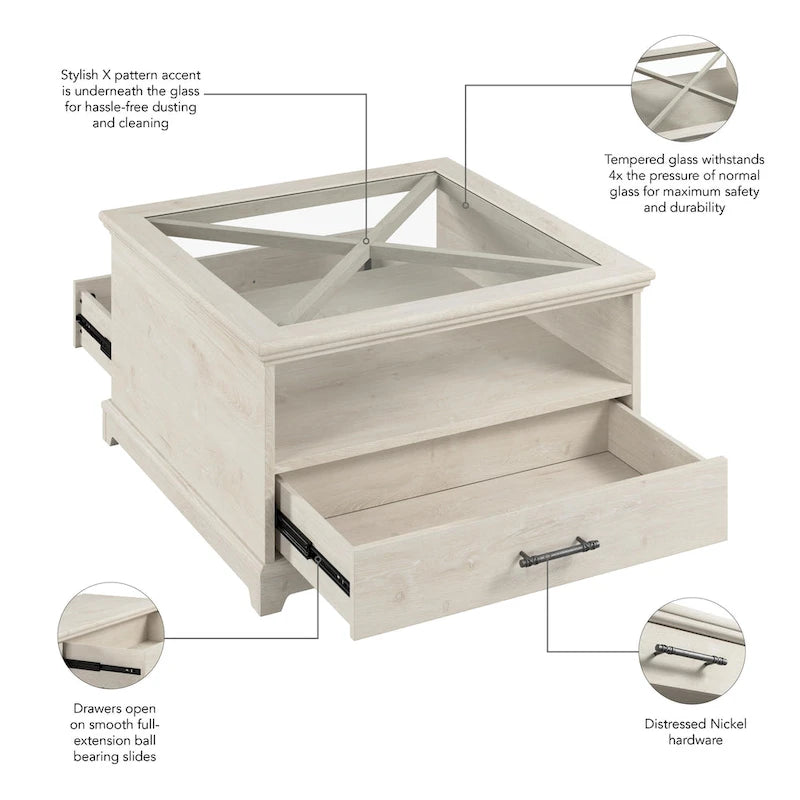 Table basse en verre de style ferme Lennox avec rangement par Bush Furniture