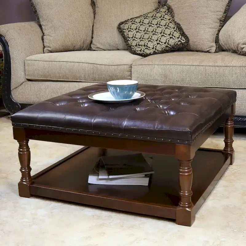 Table ottomane Cairona en cuir bi-cast capitonné de 34 pouces avec étagères