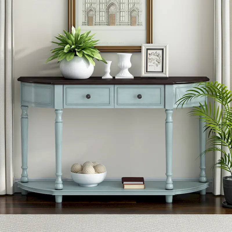 Table console rétro en bois Nestfair avec étagère ouverte et deux tiroirs