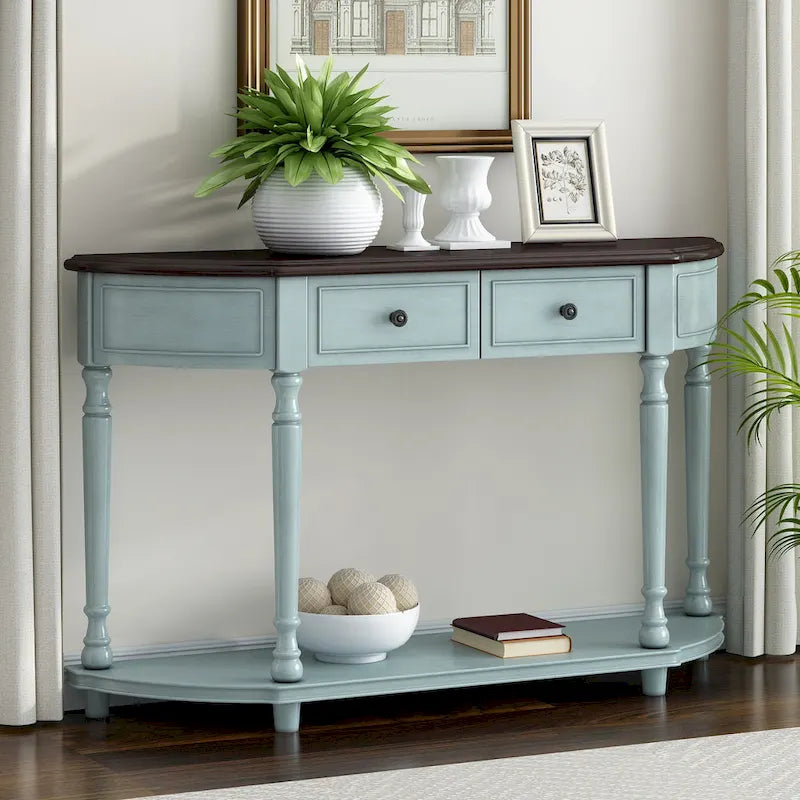 Table console rétro en bois Nestfair avec étagère ouverte et deux tiroirs
