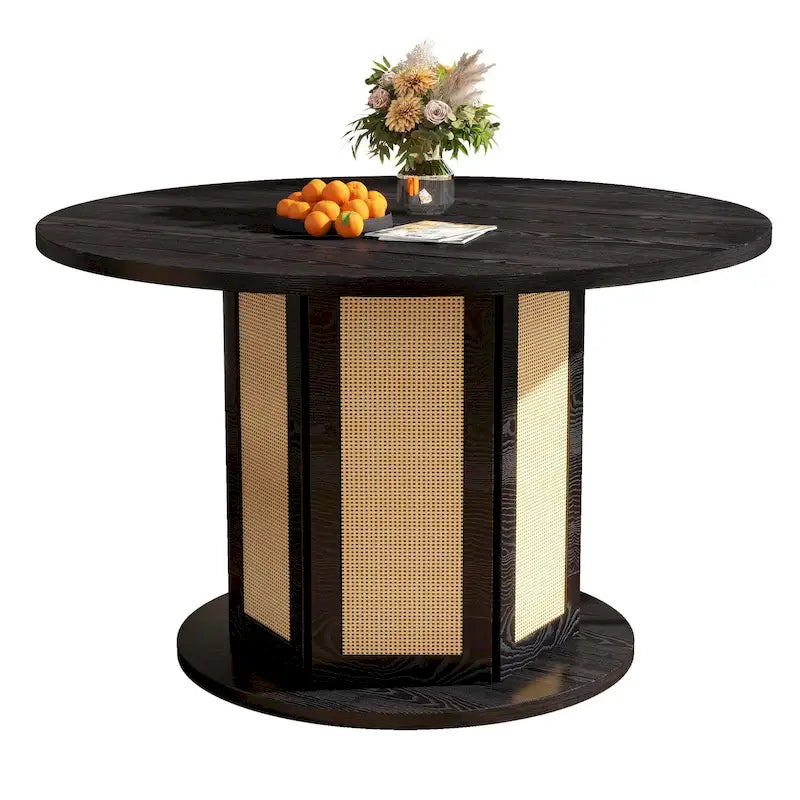 Table à manger ronde Moasis pour 4 personnes avec piètement circulaire en rotin