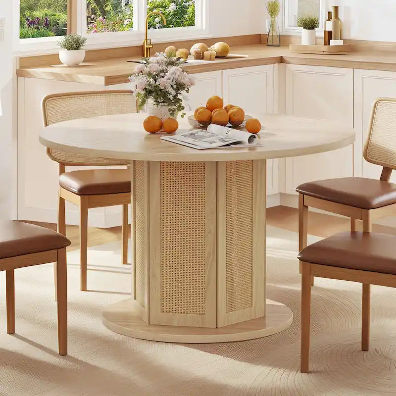 Table à manger ronde Moasis pour 4 personnes avec piètement circulaire en rotin
