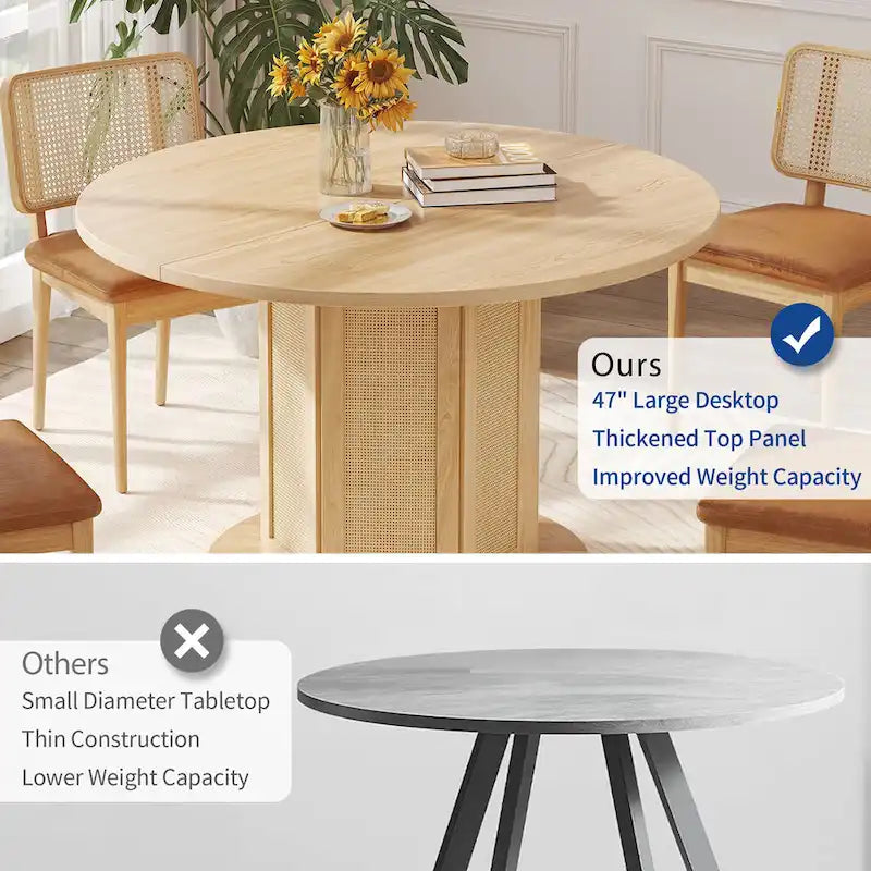 Table à manger ronde Moasis pour 4 personnes avec piètement circulaire en rotin