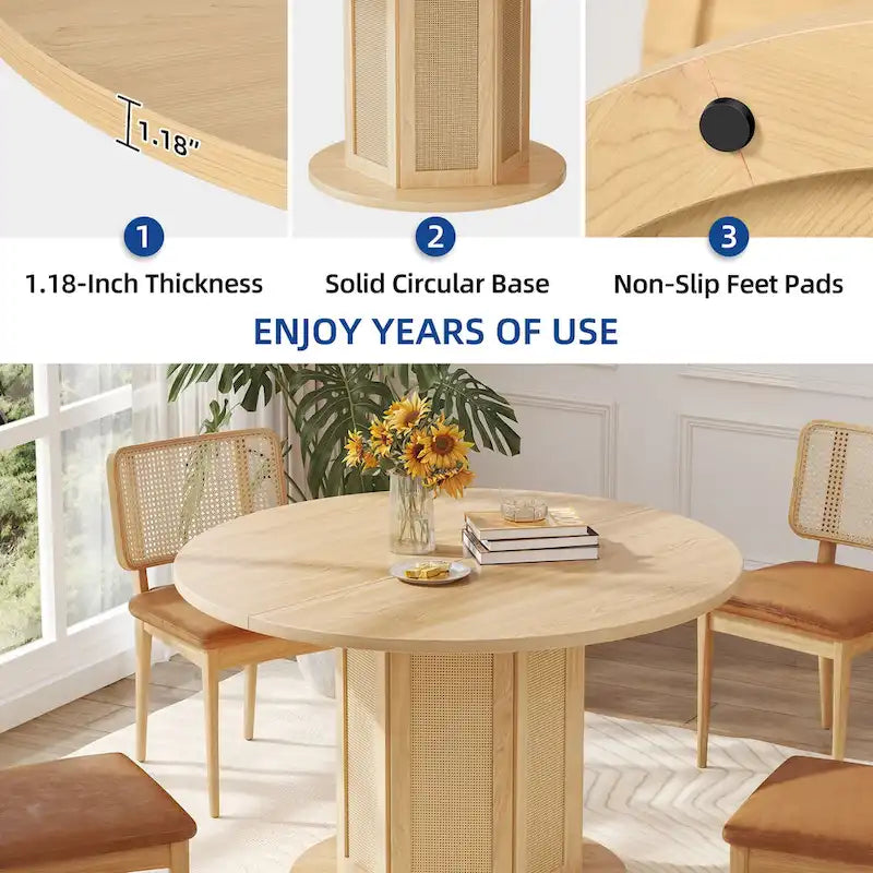 Table à manger ronde Moasis pour 4 personnes avec piètement circulaire en rotin