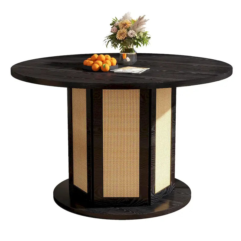 Table à manger ronde Moasis pour 4 personnes avec piètement circulaire en rotin