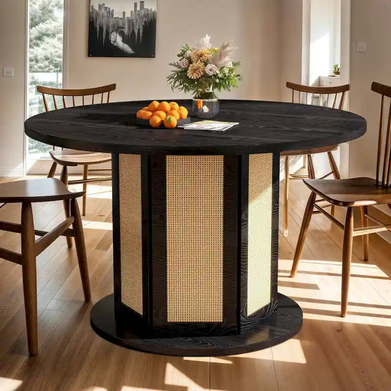 Table à manger ronde Moasis pour 4 personnes avec piètement circulaire en rotin