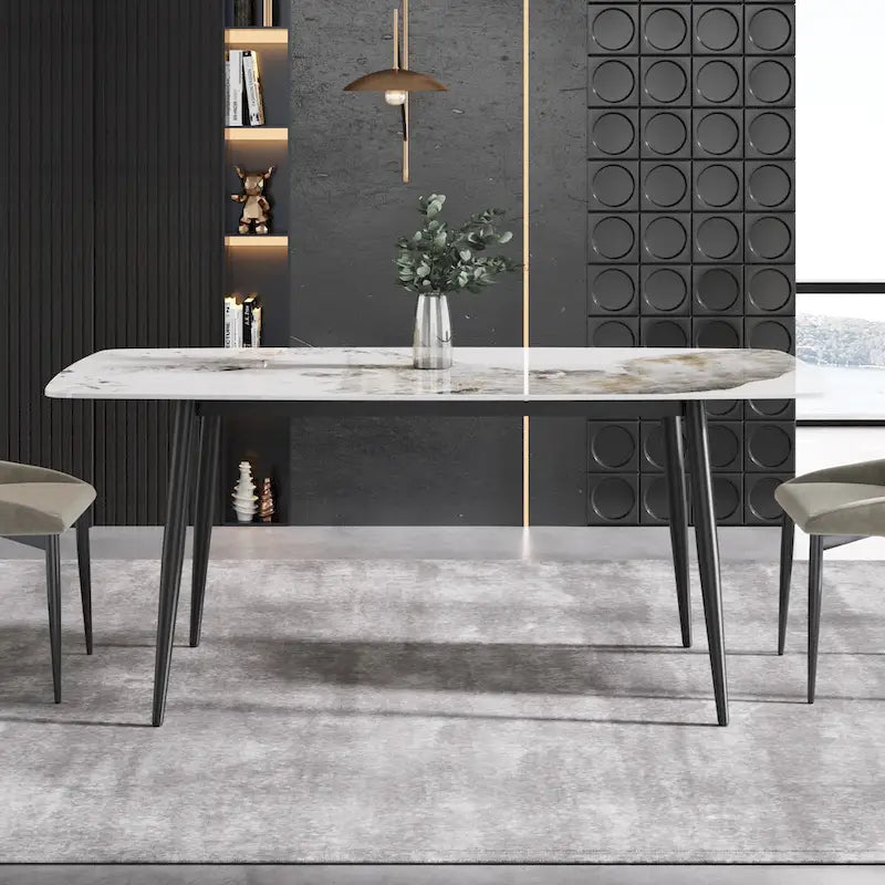 71 Table à manger moderne en marbre artificiel avec base en acier au carbone
