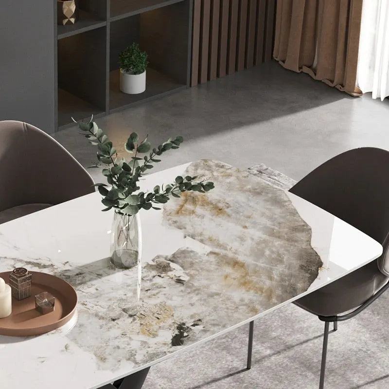 71 Table à manger moderne en marbre artificiel avec base en acier au carbone