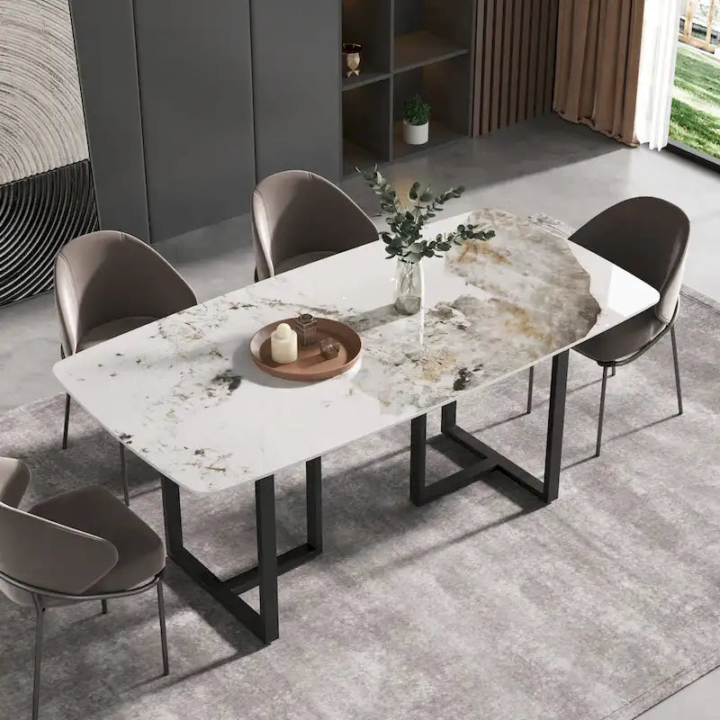 71 Table à manger moderne en marbre artificiel avec base en acier au carbone