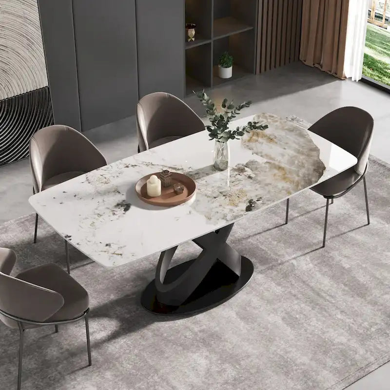 71 Table à manger moderne en marbre artificiel avec base en acier au carbone