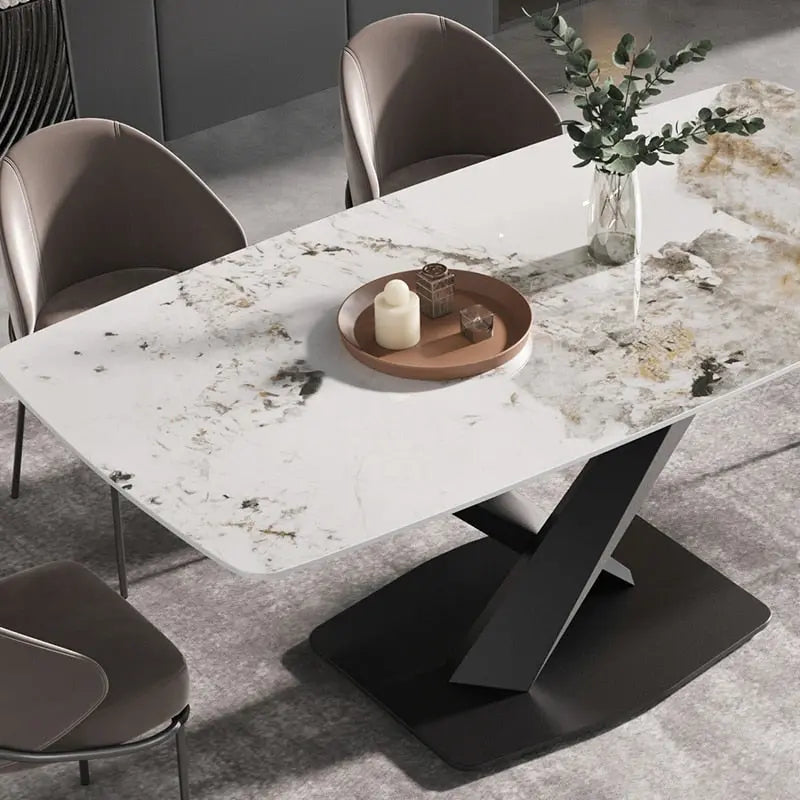 71 Table à manger moderne en marbre artificiel avec base en acier au carbone